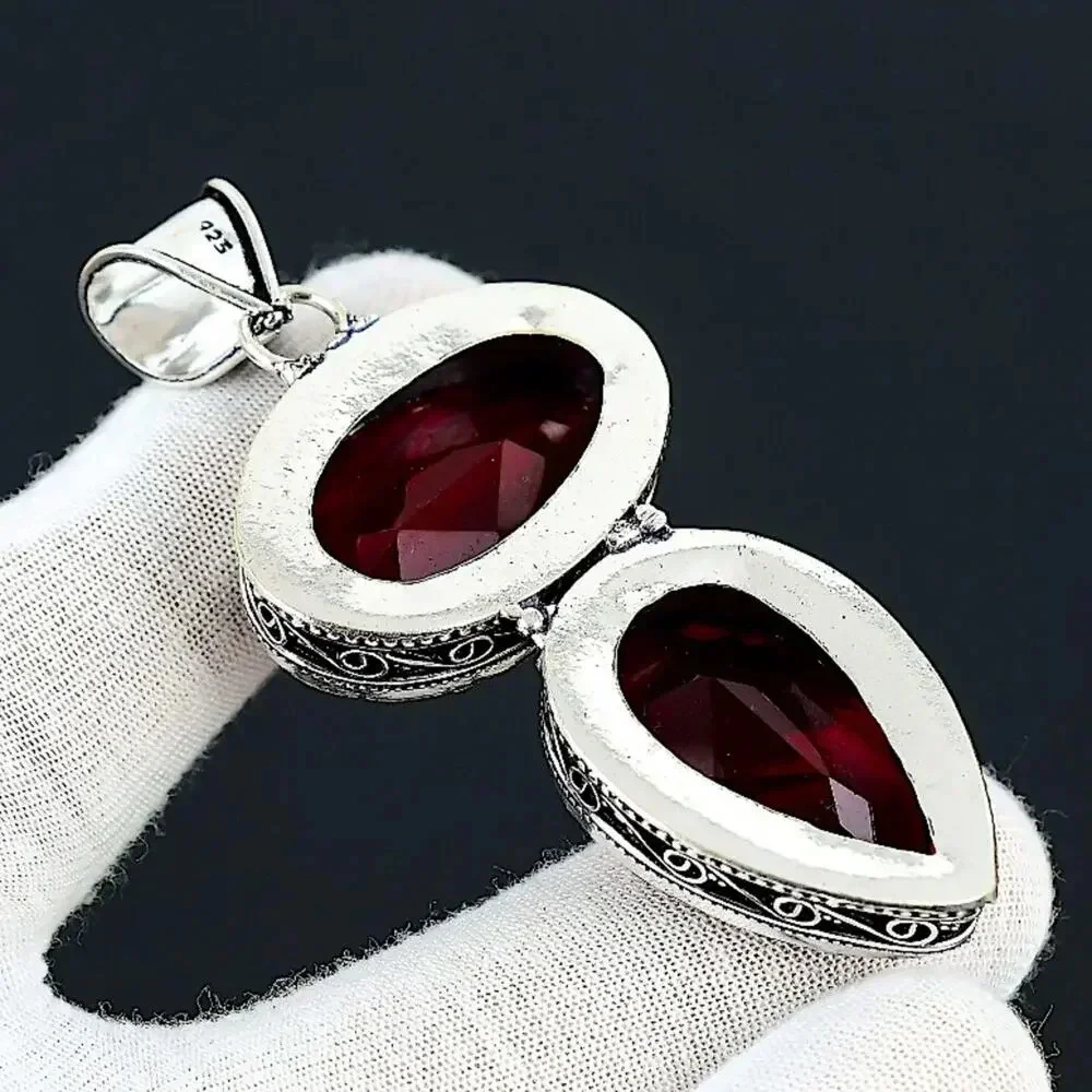 Antique Ruby Pendant Necklace, Sterling Silver, Double Gemstone, Statement